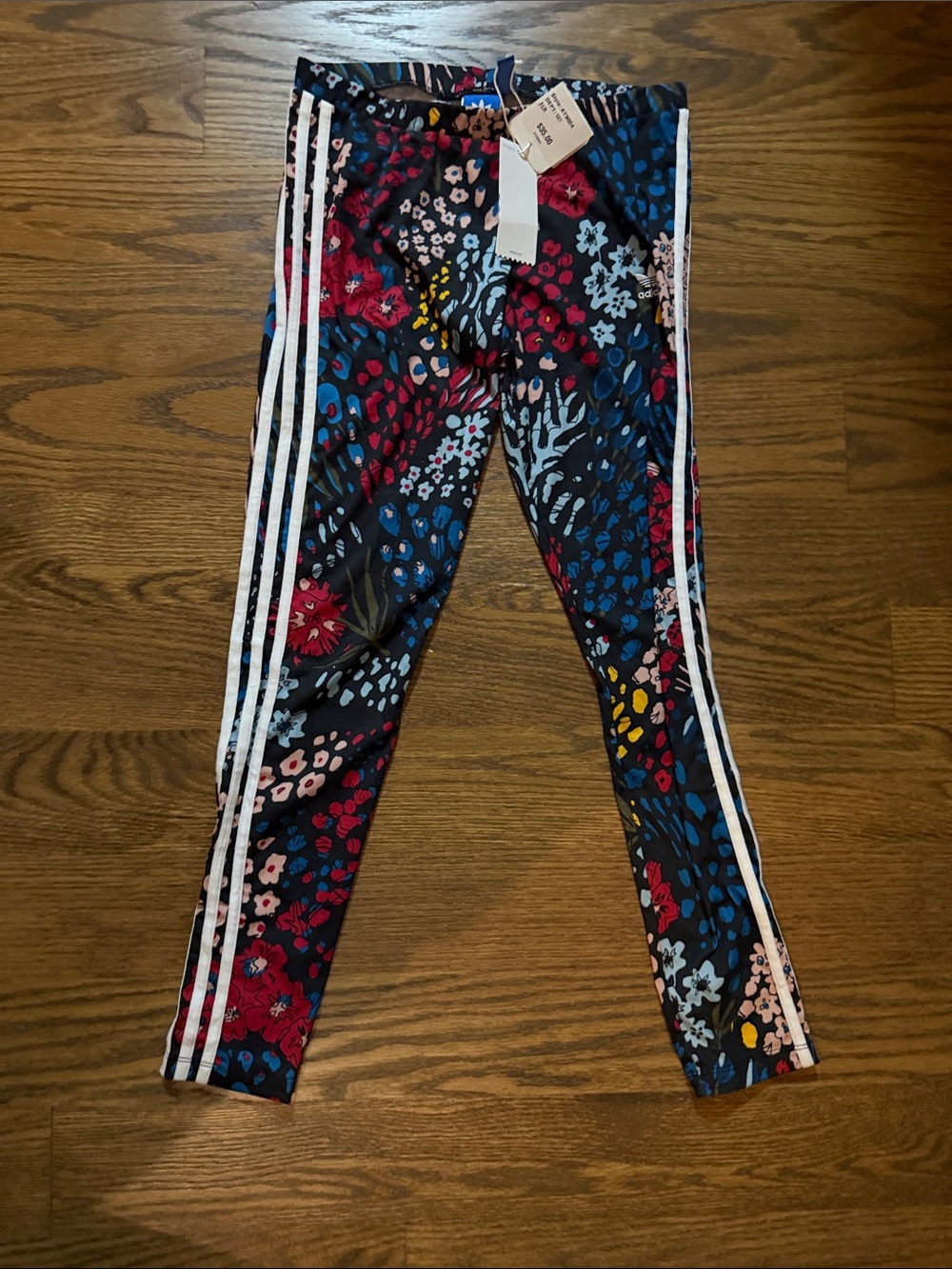 adidas Floral Print Leggings with White Stripes - Black Multi